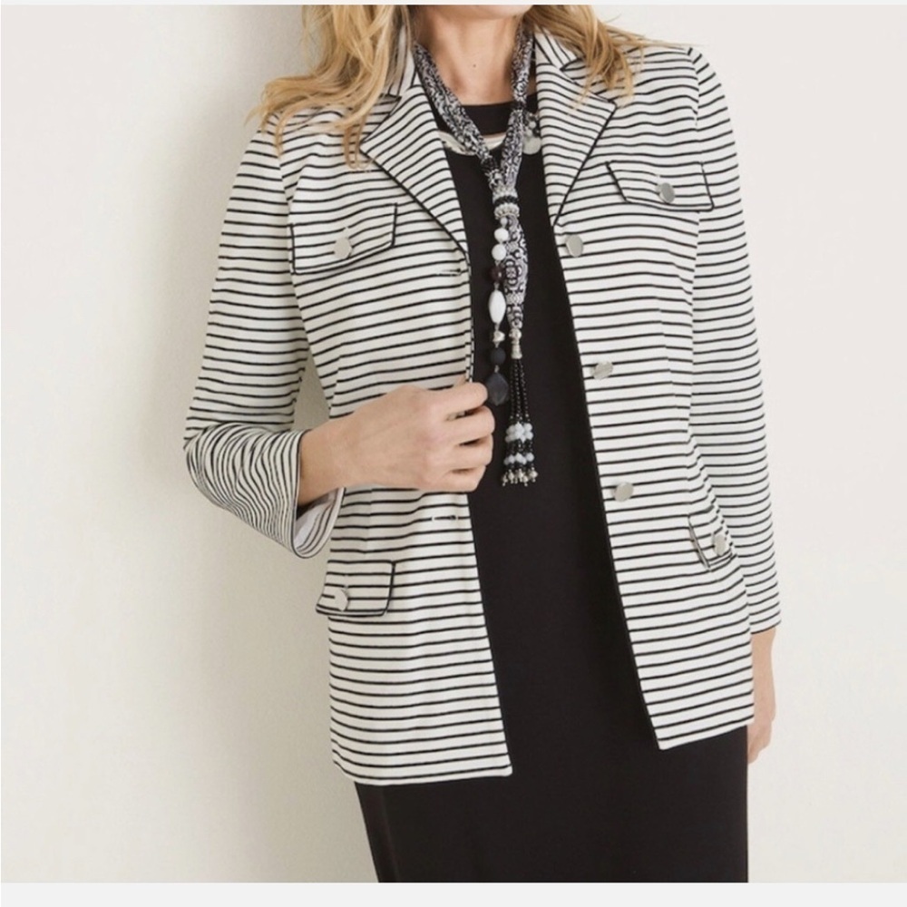 Chicos career black white Striped Women's Jacket ponte knit stretch lined size S